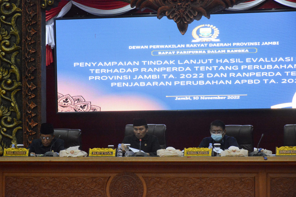 Paripurna dengan agenda penyampaian tindak lanjut hasil evaluasi Menteri Dalam Negeri (Mendagri) terhadap Ranperda Tentang Perubahan APBD Provinsi Jambi Tahun Anggaran 2022 dan Ranpergub Tentang Penjabaran Perubahan APBD TA. 2022.